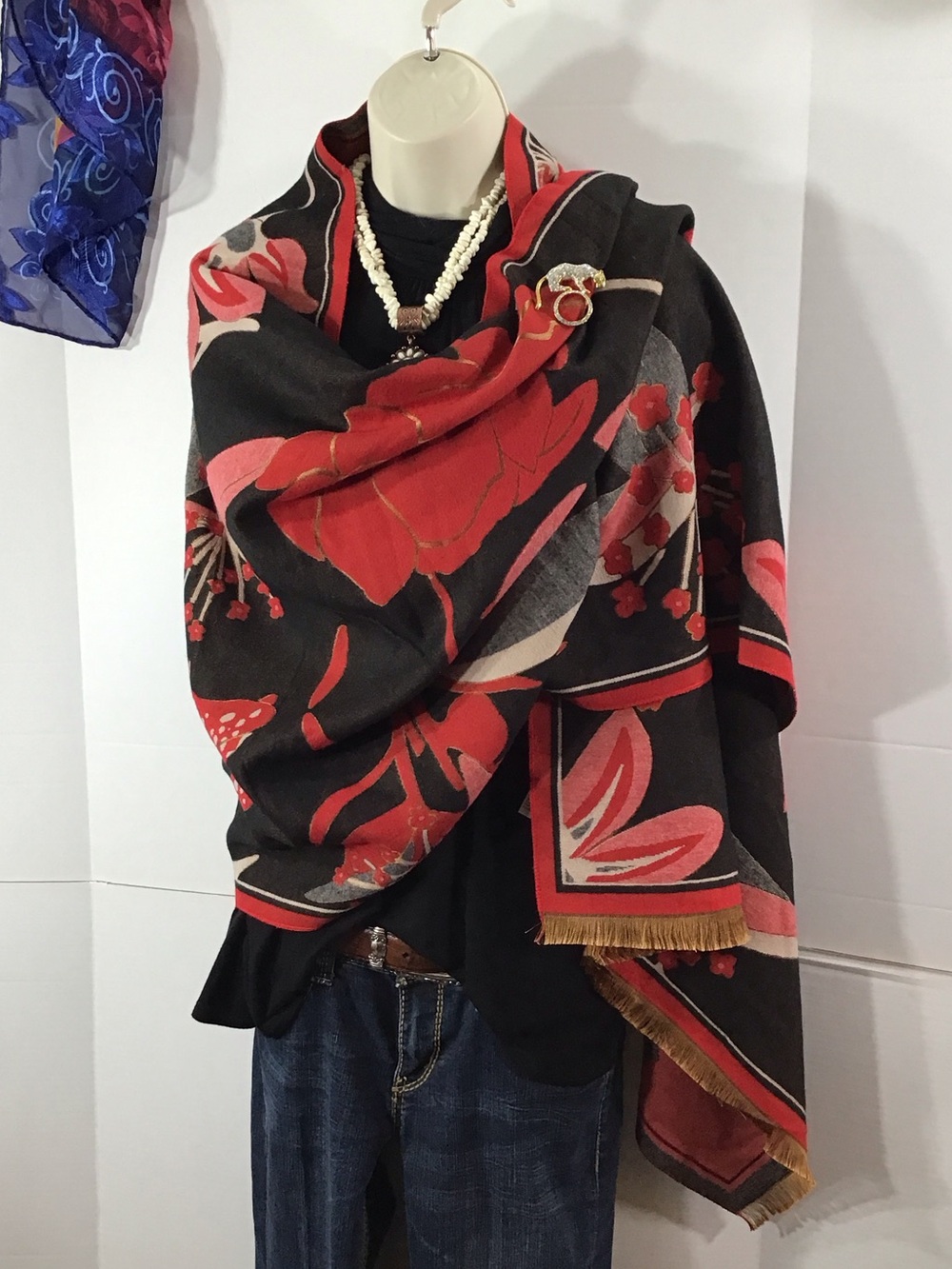 Chico’s Floral Fringe Shawl Wrap - Black & Red &Brown OS